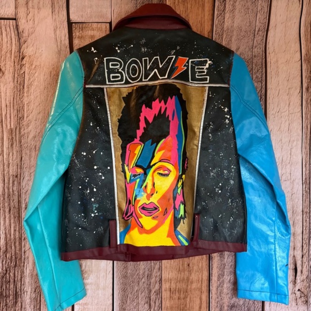David Bowie‎ Custom Moto Jacket Hand Painted Rock Glam Statement Festival Size M
